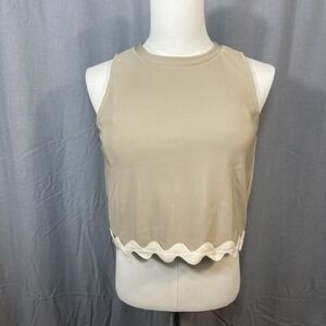 NWT Textured Scallop Trim Tan/Cream Tank Top Womens M Quiet Luxury  Girlhoodcore